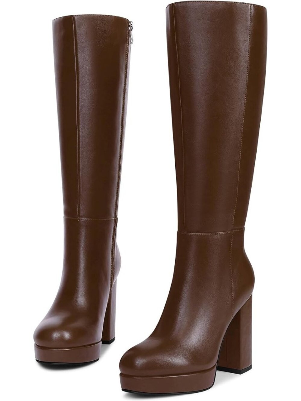 Women's Brown Platform Knee High Boots Chunky High Heel Boots Round Toe Side Zip